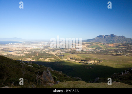 Sir Lowry's pass - viewpoint at top looking over Somerset West and to Strand and Gordons Bay on left Stock Photo