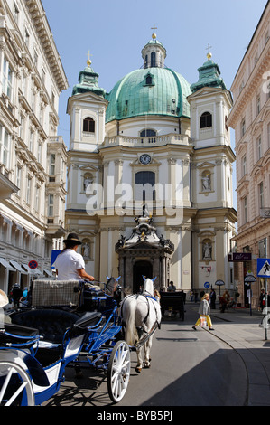 Petersplatz square, Fiaker taxi carriage and the Church of St. Peter, 1st district, Vienna, Austria, Europe Stock Photo