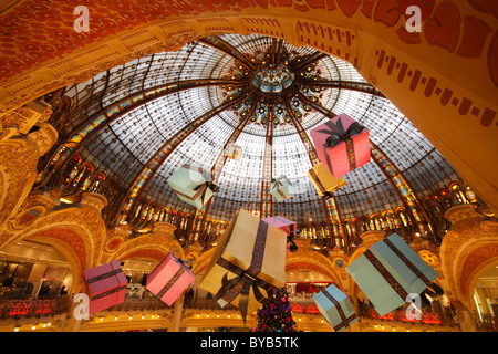Art Nouveau dome of the Great Hall, with large gift packages, Galeries Lafayette department store, Paris, France, Europe Stock Photo