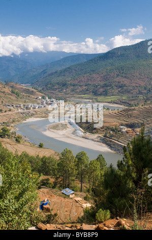 Mo Chhu and Pho Chhu river flowing through Punakha, Bhutan, Asia Stock Photo