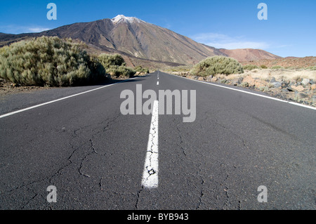 Road leading to the Pico del Teide volcano, Mount Teide, UNESCO World Heritage site, Tenerife Island, Canary Islands, Spain Stock Photo