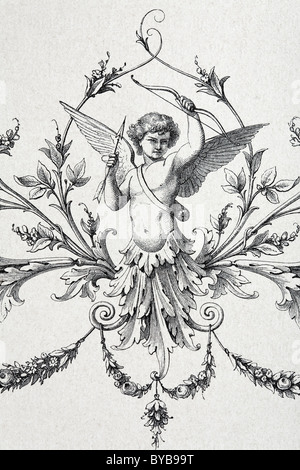 Vignette with Cupid and tendrils, steel engraving, book illustration, Romeo and Juliet by Shakespeare, edition from 1890 Stock Photo