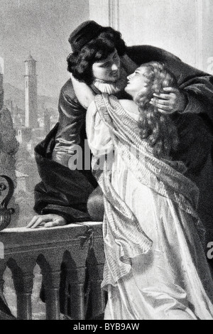 Lovers embracing, wearing period costume, steel engraving, book illustration, scene from Romeo and Juliet by Shakespeare Stock Photo