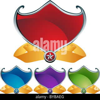 Set of four 3D shield with gold banner. Stock Photo