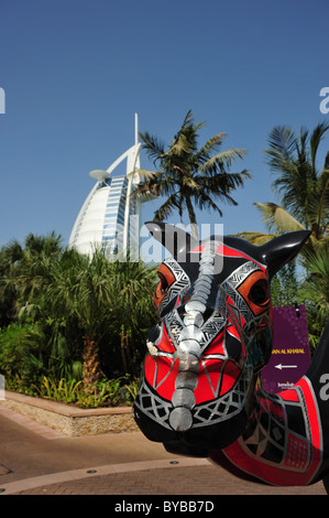 This brightly decorated camel is situated at the entrance to the Jumeirah Beach Hotel, Dubai. Stock Photo