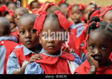 Children wearing school uniforms in a preschool in Leogane, Haiti, Caribbean, Central America Stock Photo