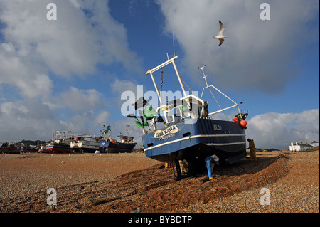 Fishing boast on The Stade Hastings beach East Sussex UK Stock Photo