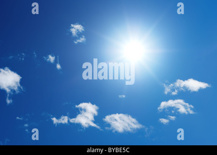 Cute puffy small white clouds on a sunny aqua blue sky Water Bottle