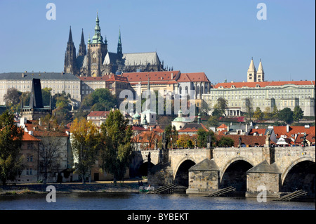 Vltava river, Charles Bridge, St. Vitus Cathedral, Prague Castle, Hradcany, Prague, Bohemia, Czech Republic, Europe Stock Photo