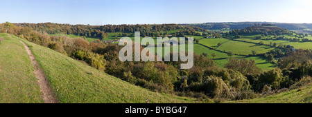 A panoramic view of the Cotswold scarp from Coaley Wood and Uley Bury to Downham Hill viewed from Cam Long Down, Gloucestershire Stock Photo