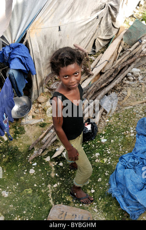 Girl in a camp for victims of the earthquake in January 2010, Bizozon district, Port-au-Prince, Haiti, Caribbean Stock Photo