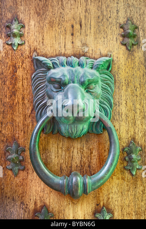 antique door knocker brass oxidised on oak Stock Photo