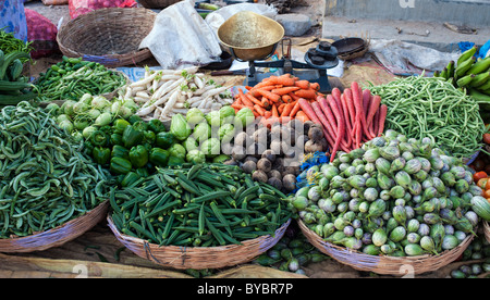 Indian vegetables in baskets at a rural village market, Andhra Pradesh, India. Stock Photo