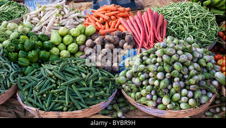 Indian vegetables in baskets at a rural village market, Andhra Pradesh, India. Stock Photo