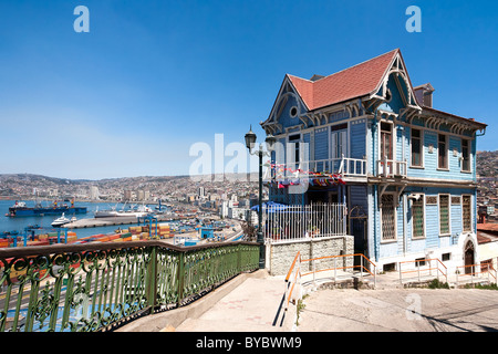 Colorful house in Valparaiso, Chile with view on the port. UNESCO World Heritage. Stock Photo