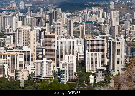 Skyscrapers of Waikiki. Tall buildings dominate the Waikiki skyline in this view from atop the Diamond Head crater. Stock Photo