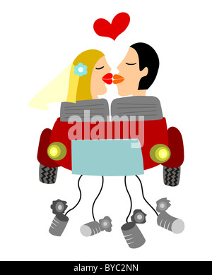 Just married couple, kissing and hitting the road on a car with tied cans. White background. Vector available Stock Photo