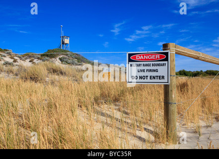 Live Firing Danger sign and Lookout Tower at Campbell Barracks in Swanbourne, Perth, Western Australia Stock Photo
