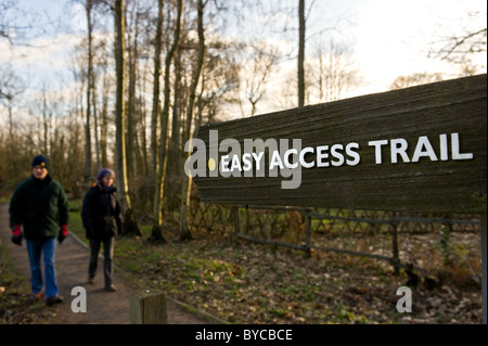 A wooden sign for the Easy Access Trail in Norsey woods in Essex. Stock Photo
