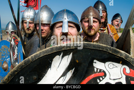 Viking warrior reenactment on Lindisfarne where the 'real' Vikings famously raided in AD 793 Stock Photo