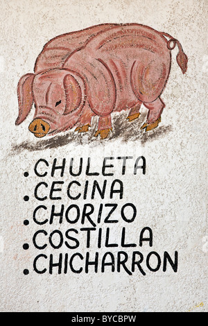 whimsical hand painted sign painting on wall of Mexican butcher shop depicting pink curly tailed pig & advertising pork products with street art Stock Photo