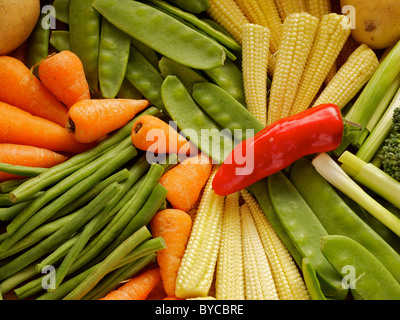 Red chilli in a pile of fresh raw vegetables Stock Photo