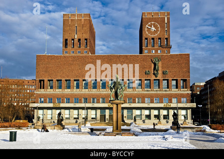 Winter view of Oslo City Hall in Oslo Norway designed by architect Arnstein Arneberg Stock Photo