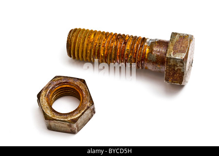 Rusty nut and bolt isolated on white background Stock Photo