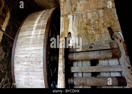 Wooden mechanism of the service elevator, Mont Saint-Michel, Normandy, France. Stock Photo