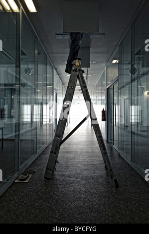 Electrician On Stepladder In Office Installing Led Light Panels Stock ...