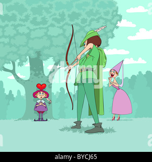 At Valentine's Day for Marion to be entertained Robin Hood shoots a heart on head of a little boy Stock Photo