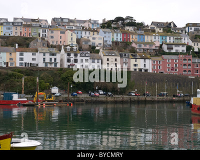 View of Brixham water front in Devon with lots of colorful houses. Stock Photo