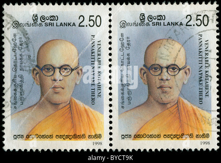 Sheet of three stamps from Sri Lanka with portrait of Kotahene Pannakitti Nayake Stock Photo