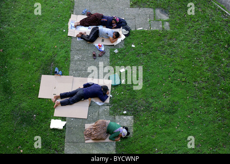 Homeless people sleeping on the street in Lisbon, Portugal. Stock Photo
