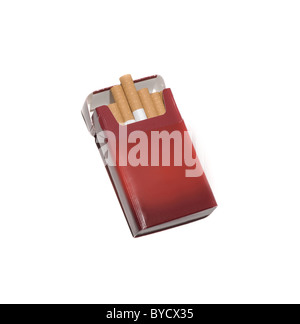 An open pack of generic cigarette's with cigarette's sticking out.. Stock Photo
