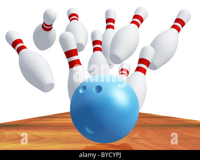 Skittles for game in bowling with blue ball. It is isolated on a white background Stock Photo