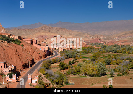 Farmland and red rock hills in Dades Gorge in the High Atlas mountains Morocco with blue sky Stock Photo