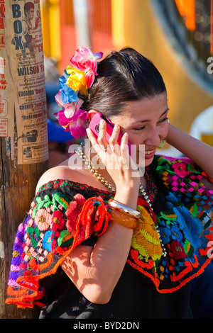 Mexican woman talking on a cellphone, Chiapa De Corzo, Chiapas, Mexico Stock Photo