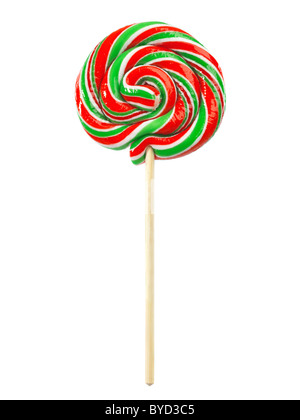 Red and green colored lollipop on a stick isolated on white background Stock Photo