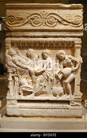 Antique stone sarcophagus from Tyros with Achilleus story, Tyre, Sour, National Museum, Beirut, Beyrouth, Lebanon, Middle East Stock Photo