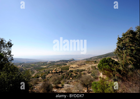 Golan heights, in the middle back Nimrod Fortress, Arabic Qala'at al-Subeiba, Golan Heights, Mount Hermon, Israel, Middle East Stock Photo