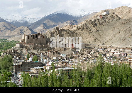 Overlooking the town of Leh on the mountainside, old royal palace, Ladakh region, Jammu and Kashmir, India, South Asia Stock Photo