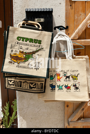 Bags in a souvenir shop, Omodos village, Troodos Mountains, Central Cyprus Stock Photo