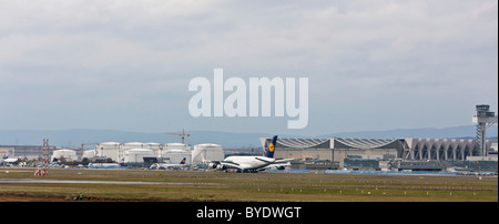 Lufthansa Airbus A380 landing at Frankfurt Airport, Hesse, Germany, Europe Stock Photo