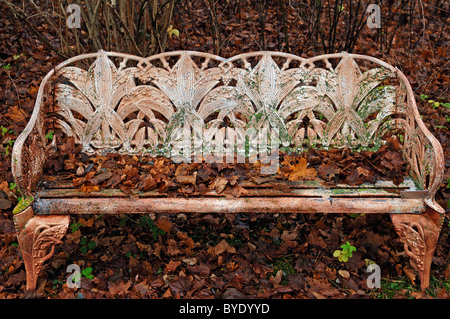 Fine cast iron garden bench covered in autumn leaves, Villa & Ambiente, Nuremberg, Middle Franconia, Bavaria, Germany, Europe Stock Photo
