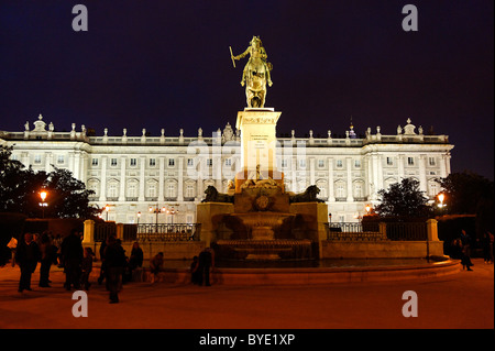 Philip IV, 1605-1665, King of Spain, equestrian statue on La Plaza de Oriente square, in front of the Royal Palace, Madrid Stock Photo