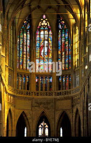 Stained glass window, apse of the Gothic St. Vitus Cathedral, Prague Castle, Hradcany, Prague, Bohemia, Czech Republic, Europe Stock Photo