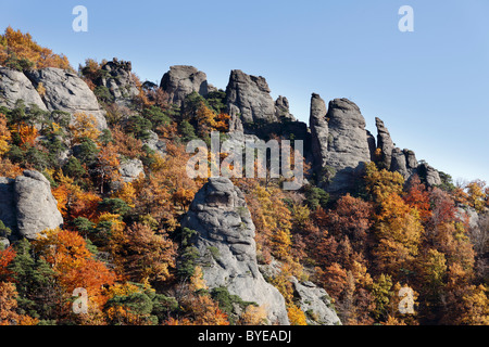 Rocks and woodland in autumn, located above Duernstein castle ruin, Wachau valley, Waldviertel region, Lower Austria, Austria Stock Photo