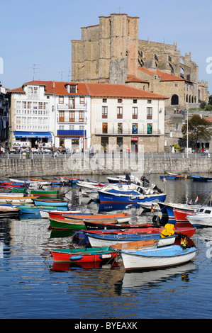 Small boats in a harbour, Santa Maria Church, Castro Urdiales, Gulf of Biscay, Cantabria, Spain, Europe