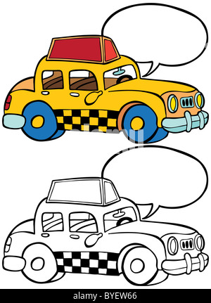 Cartoon image of a taxi with blank bubble message - both color and black / white versions. Stock Photo